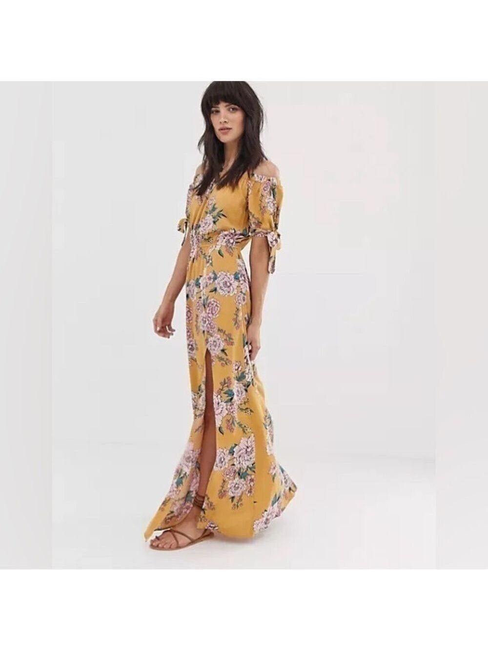 Band of Gypsies Yellow Floral Print Cold Shoulder Maxi Dress Size XS
